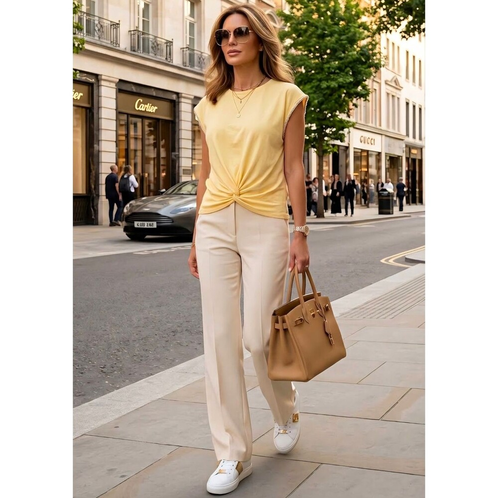 Marc New York Andrew Marc Women's Yellow Solid Knit Crew Neck Beaded Top L